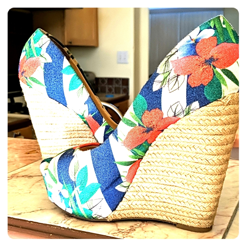 Striped Floral Espadrille Wedges